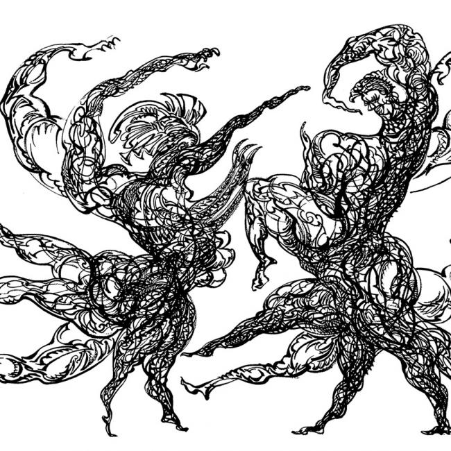 hanf drawn by brush and ink on B2 size paper, two abstract dancer-monsters meet